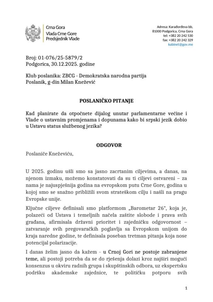 Premijerski sat: Odgovor predsjednika Vlade Milojka Spajića na poslaničko pitanje Milana Kneževića