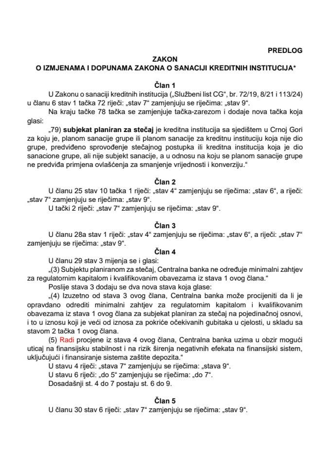 Predlog zakona o izmjenama i dopunama Zakona o sanaciji kreditnih institucija* s Izvještajem sa javne rasprave
