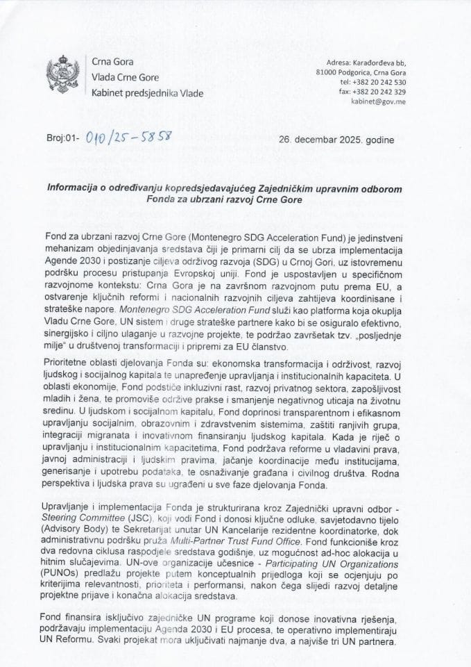 Informacija o određivanju kopredsjedavajućeg Zajedničkim upravnim odborom Fonda za ubrzani razvoj Crne Gore