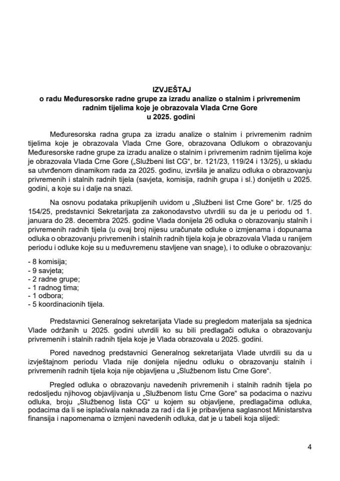Izvještaj o radu Međuresorske radne grupe za izradu analize o stalnim i privremenim radnim tijelima koje je obrazovala Vlada Crne Gore u 2025. godini, za period od 1. jula do 31. decembra 2025. godine
