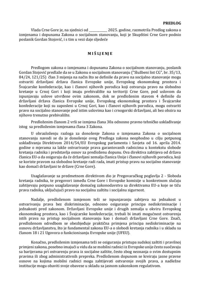 Predlog mišljenja na Predlog zakona o izmjenama i dopunama Zakona o socijalnom stanovanju (predlagač poslanik Gordan Stojović)