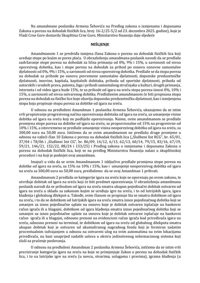 Predlog mišljenja na amandmane na Predlog zakona o izmjenama i dopunama Zakona o porezu na dohodak fizičkih lica (predlagač poslanik Armen Šehović)