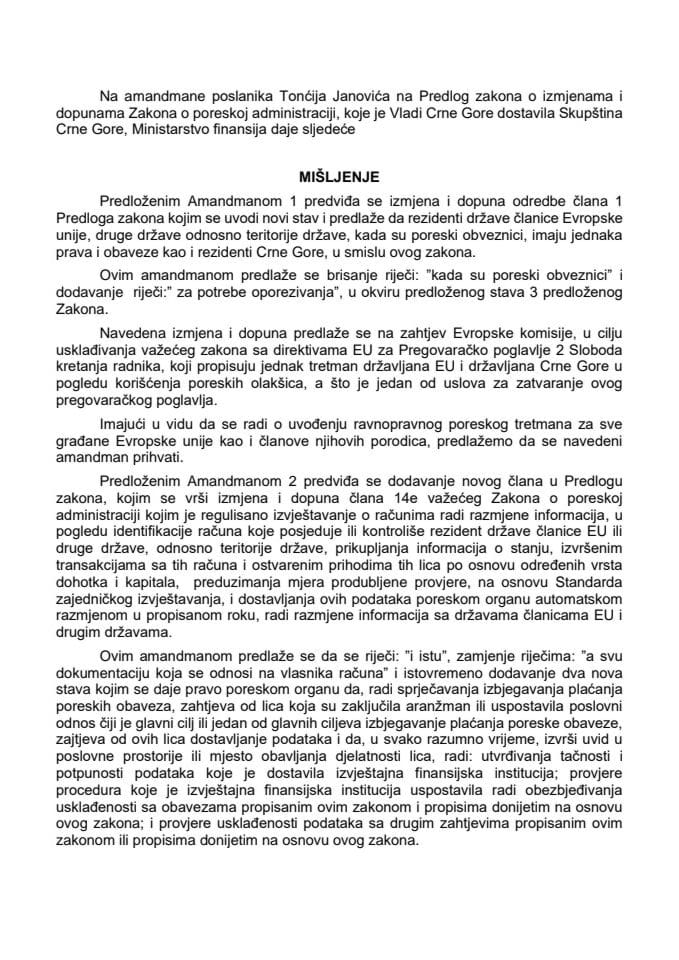 Predlog mišljenja na amandmane na Predlog zakona o izmjenama i dopunama Zakona o poreskoj administraciji (predlagač poslanik Tonći Janović)
