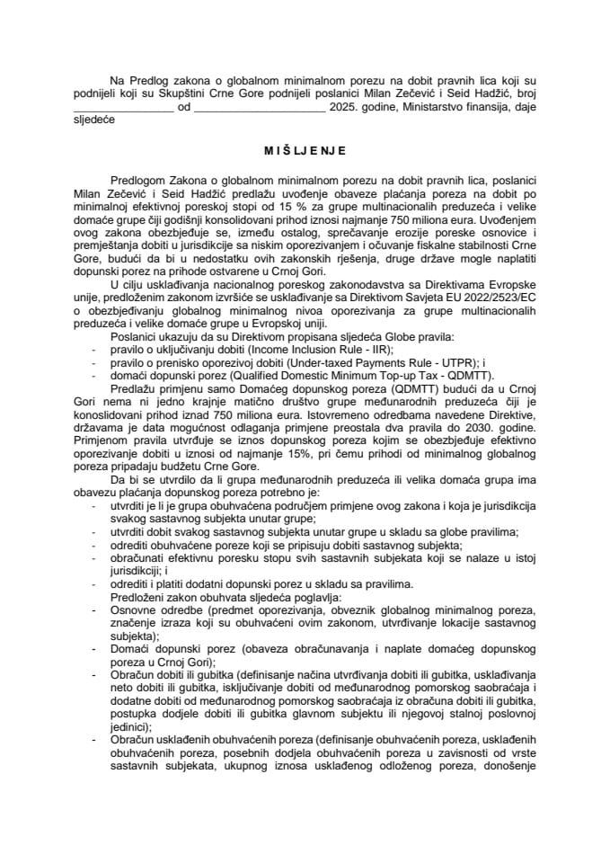 Predlog mišljenja na Predlog zakona o globalnom minimalnom porezu na dobit pravnih lica (predlagači poslanici Milan Zečević i Seid Hadžić)