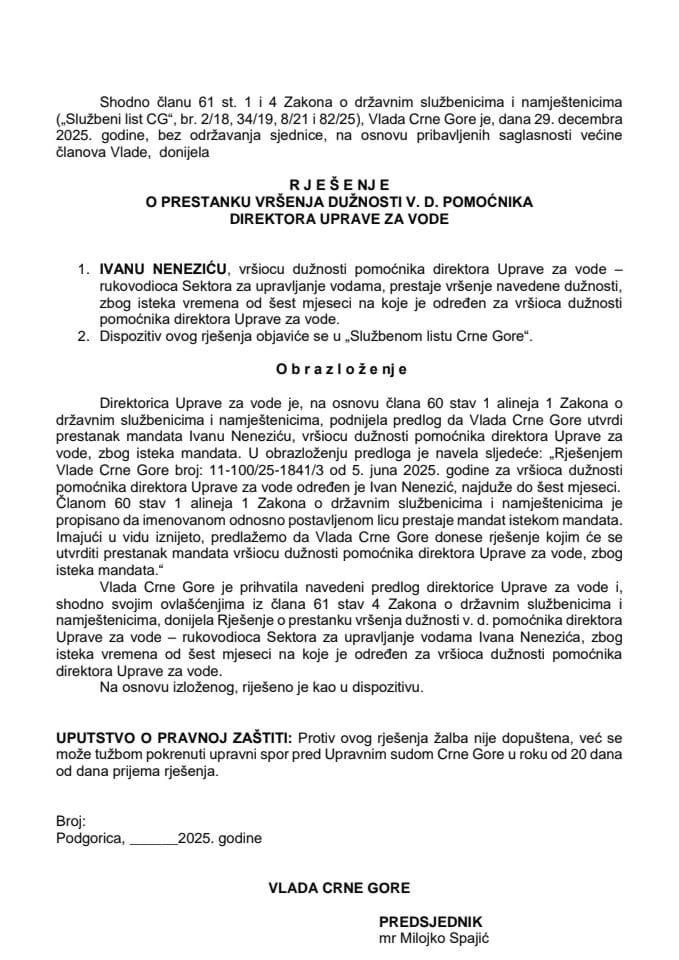 Predlog za prestanak vršenja dužnosti v.d. pomoćnika direktora Uprave za vode