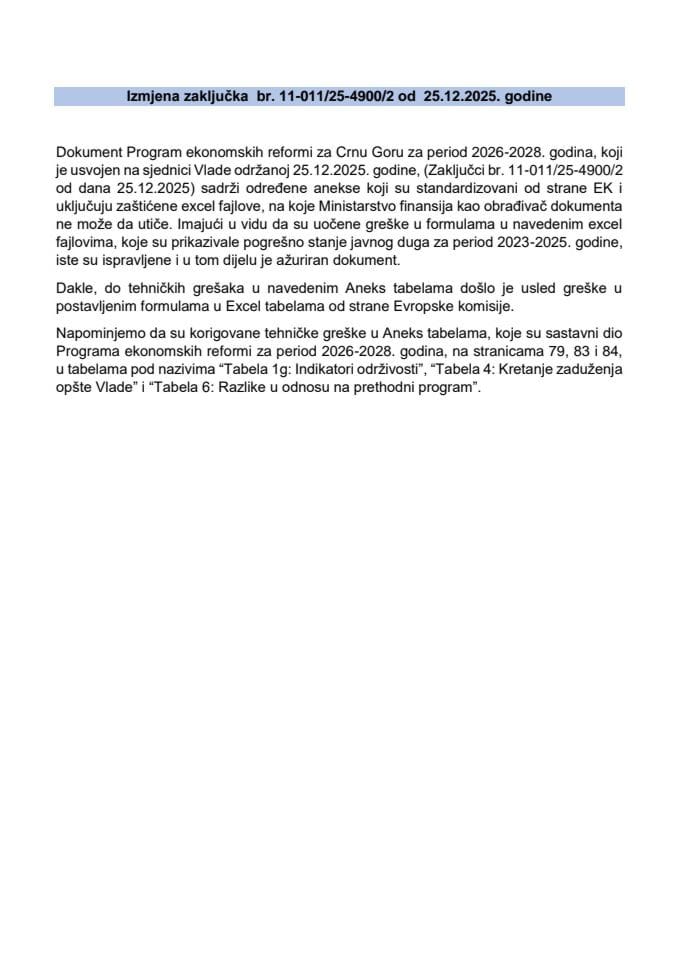 Predlog za izmjenu Zaključka Vlade Crne Gore, broj: 11-011/25-4900/2, od 25. decembra 2025. godine