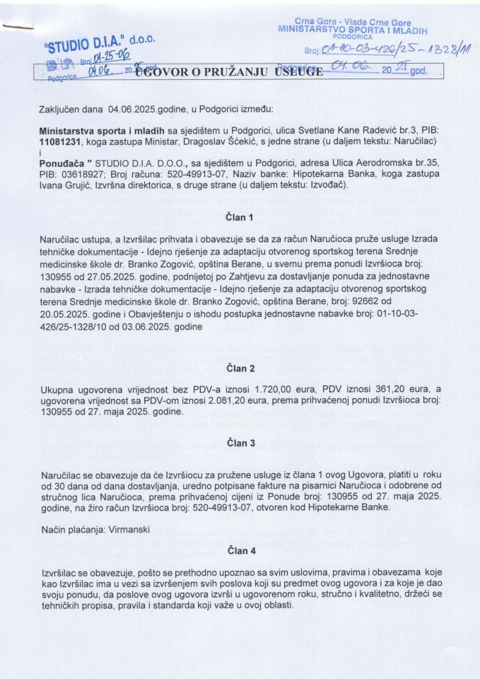 Ugovor - Izrada tehničke dokumentacije teren- Branko Zogović, Berane 04.06.2025