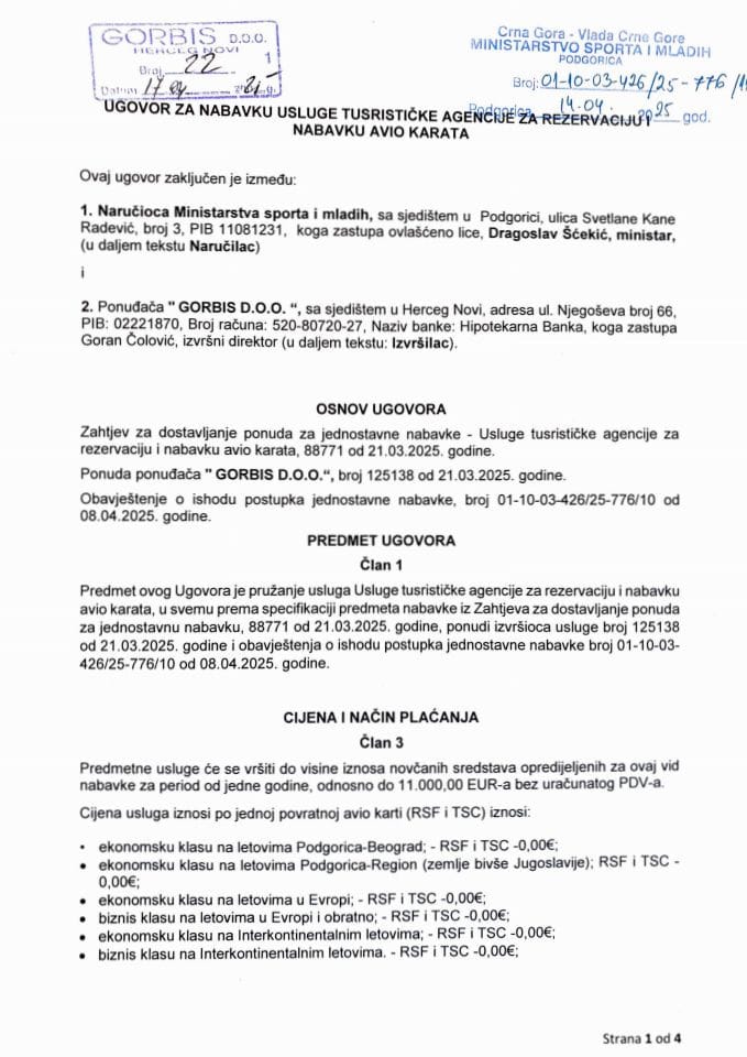 Ugovor avio karte sport - 17.04.2025