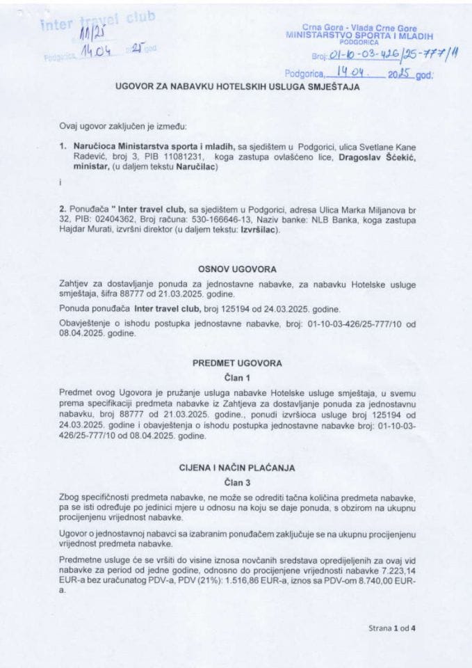 Ugovor hotelski smještaj 14.04.2025