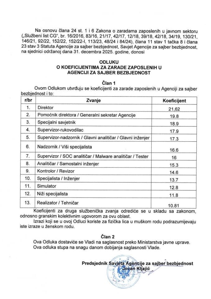 Odluka o koeficijentima za zarade zaposlenih u Agenciji za sajber bezbjednost