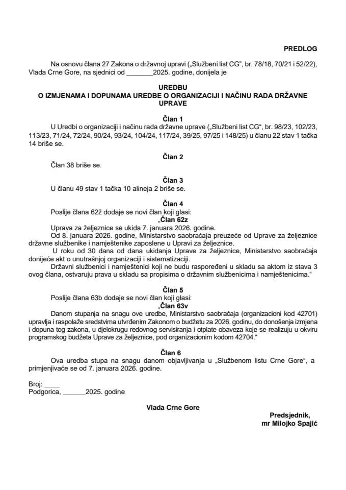 Predlog uredbe o izmjenama i dopunama Uredbe o organizaciji i načinu rada državne uprave