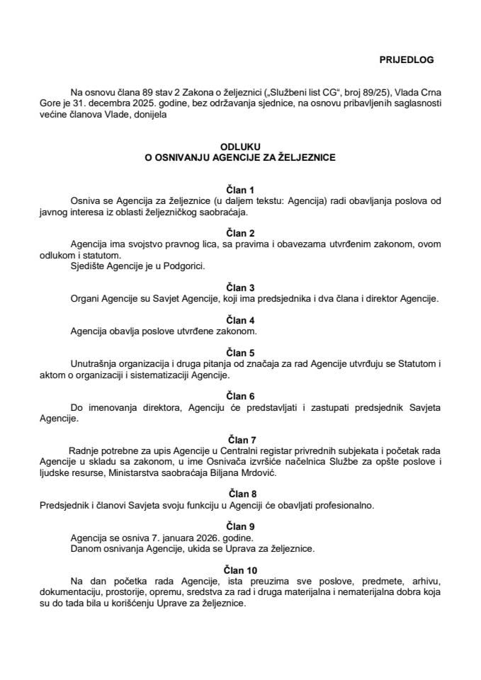 Predlog odluke o osnivanju Agencije za željeznice