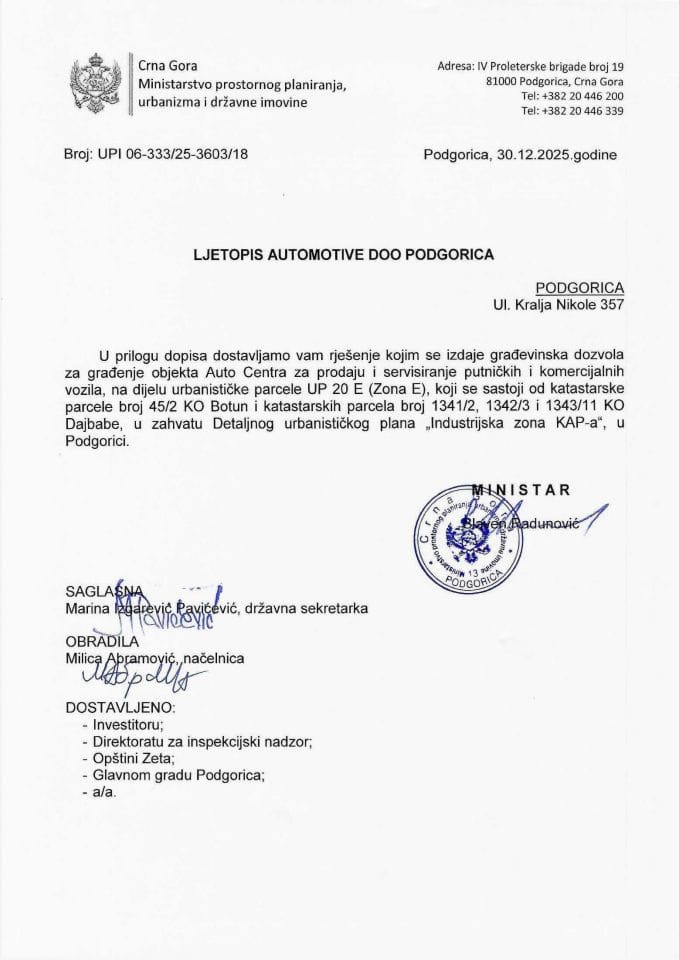 Izdate građevinske dozvole - UPI 06_333_25_3603_18 Ljetopis Automotive DOO Podgorica