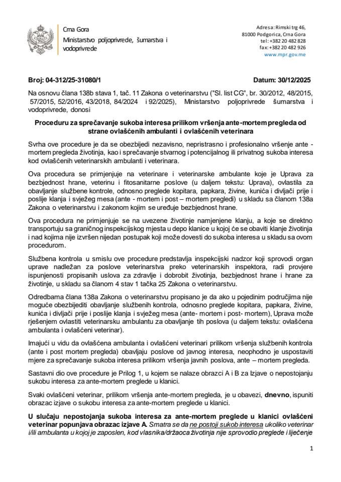Procedura za sprečavanje sukoba interesa prilikom vršenja ante-mortem pregleda od strane ovlašćenih ambulanti i ovlašćenih veterinara