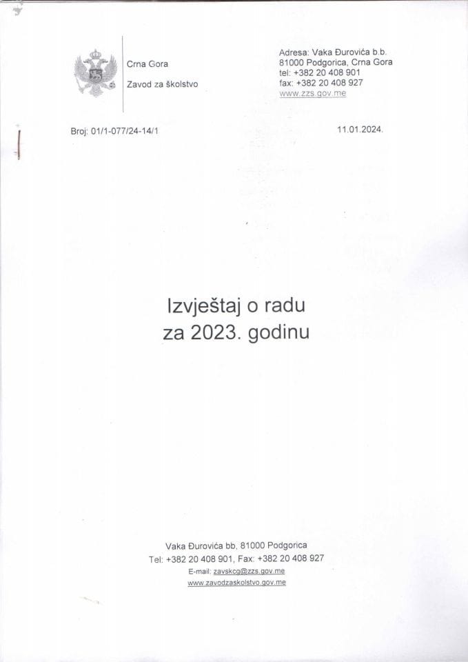 Извјестај о раду Завода за школство за 2023. годину