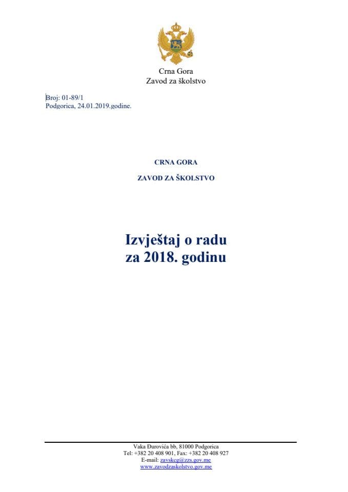 Izvještaj o radu Zavoda za školstvo za 2018. godinu