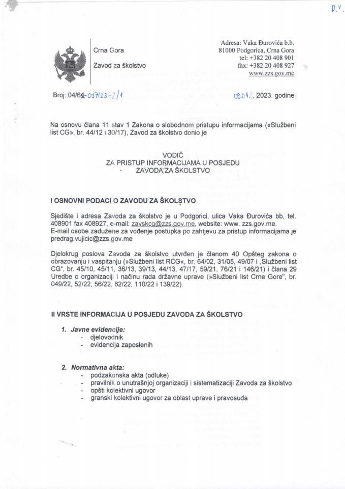 Vodič za slobodan pristup informacijama u posjedu Zavoda za školstvo