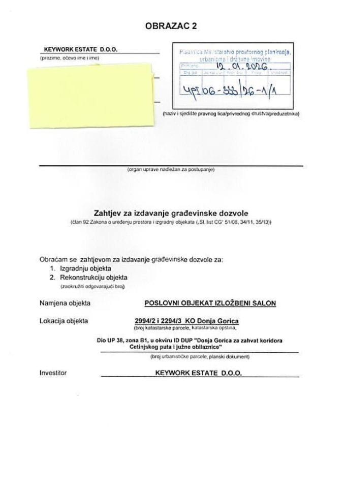 Zahtjevi za izdavanje građevinske dozvole - UPI_06_333_26_1_1 KEYWORK ESTATE DOO