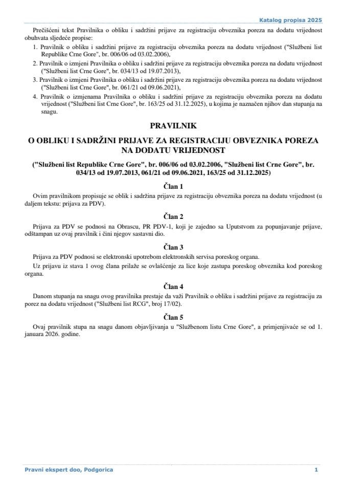 Pravilnik o obliku i sadržini prijave za registraciju obveznika poreza na dodatu vrijednost 