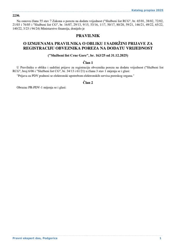 Правилник о измјенама Правилника о облику и садржини пријаве за регистрацију обвезника пореза на додату вриједност