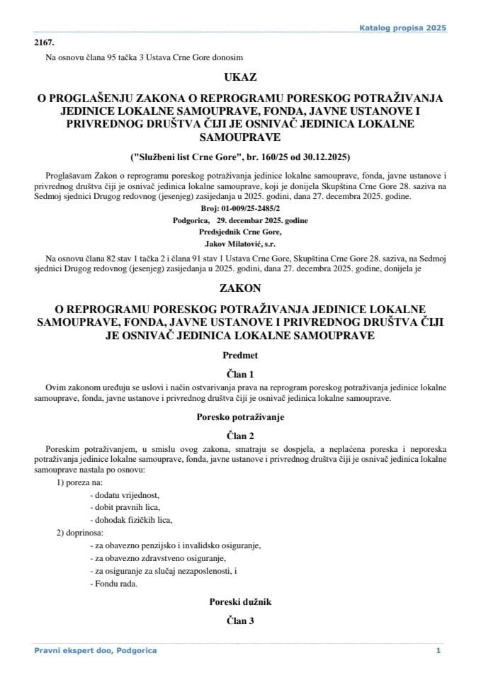 Zakon o reprogramu poreskog potraživanja jedinice lokalne samouprave