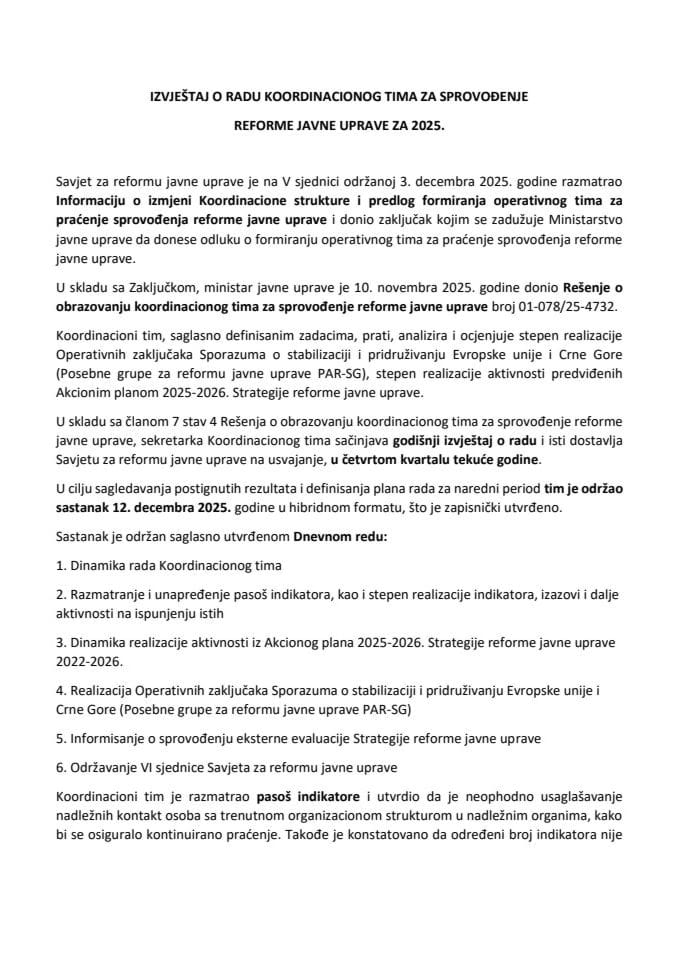 Izvještaj o radu Koordinacionog tima za sprovođenje reforme javne uprave za 2025.