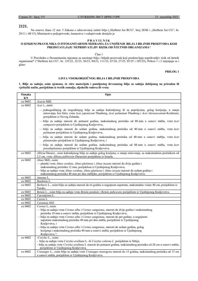 P R A V I L N I K O IZMJENI PRAVILNIKA O FITOSANITARNIM MJERAMA ZA UNOŠENJE BILJA I BILJNIH PROIZVODA KOJI PREDSTAVLJAJU NEPRIHVATLJIV RIZIK OD ŠTETNIH ORGANIZAMA