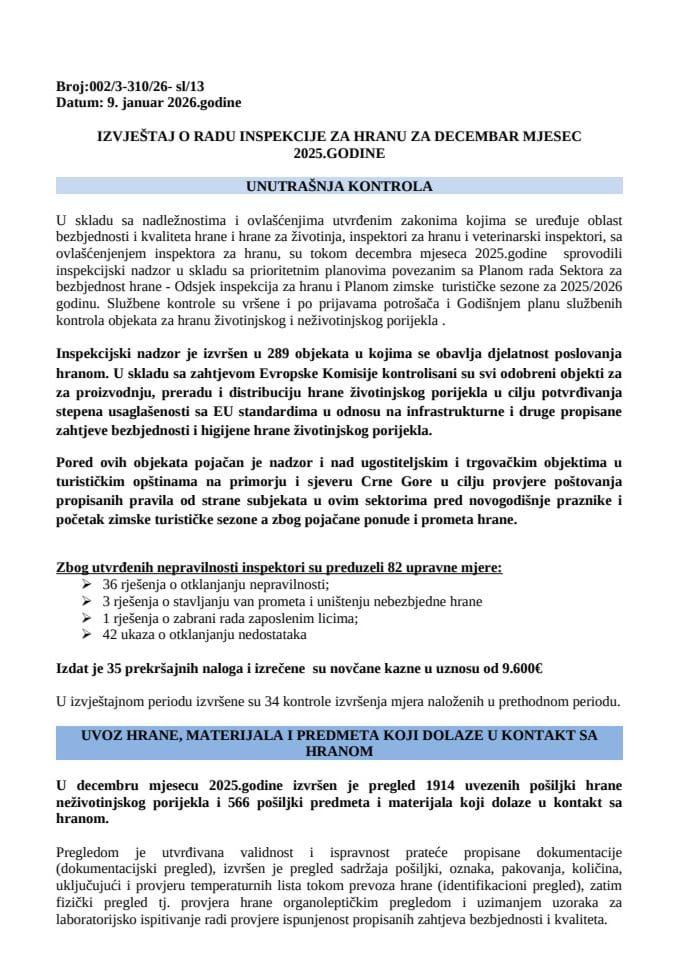 Izvještaj o radu inspekcije za hranu - decembar 2025.