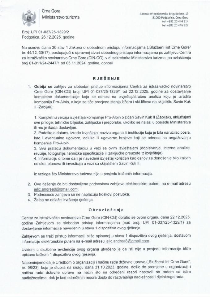 Rješenje - Slobodan pristup informacijama - UPI 01-037-25-1329-2 - Centar za istraživačko novinarstvo Crne Gore (CIN-CG)