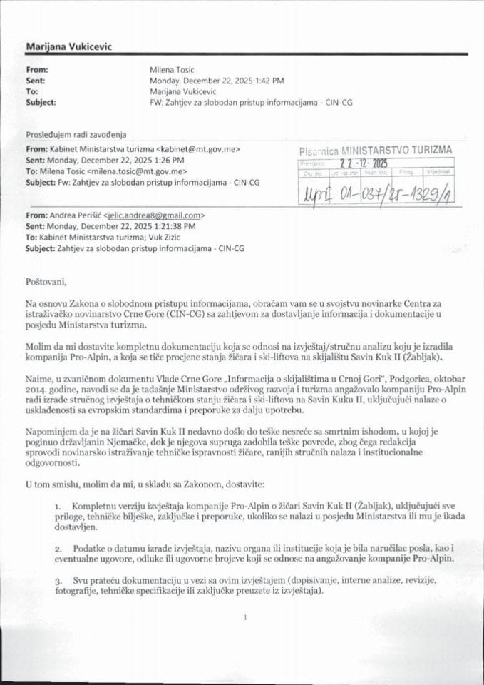 Zahtjev - Slobodan pristup informacijama - UPI 01-037-25-1329-1 - Centar za istraživačko novinarstvo Crne Gore (CIN-CG)