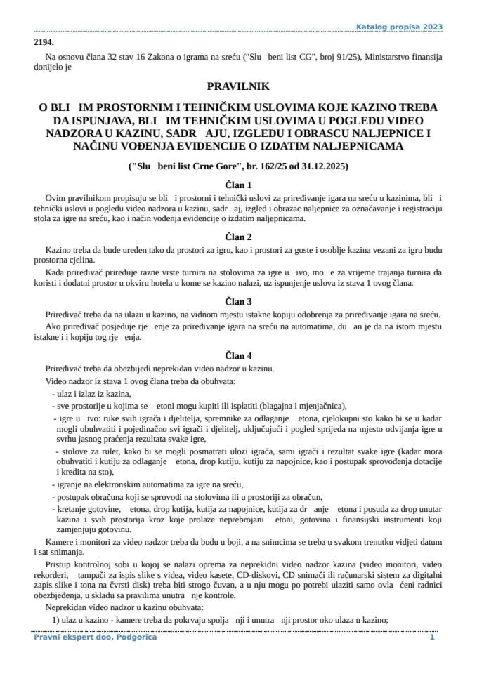 Pravilnik o bližim prostornim i tehničkim uslovima koje kazino treba da ispuni