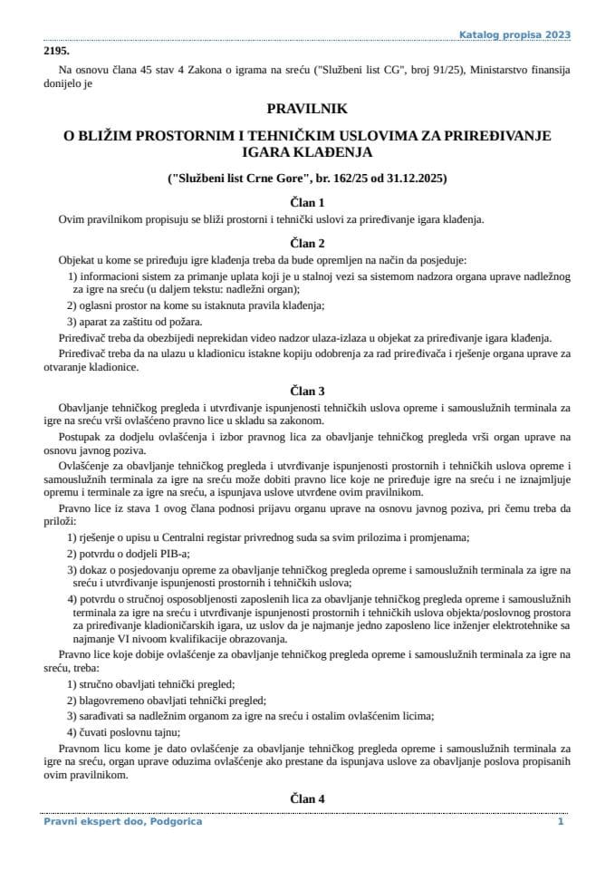 Pravilnik o blizim prostornim i tehnickim uslovima za priredjivanje igara kladjenja