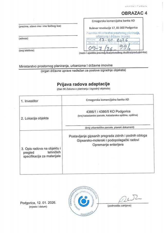 Prijava radova adaptacije -09-7-26-99-1 CKB BANKA