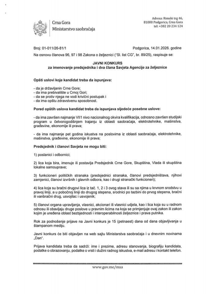 Javni konkurs za imenovanje predsjednika i dva člana Savjeta Agencije za željeznice