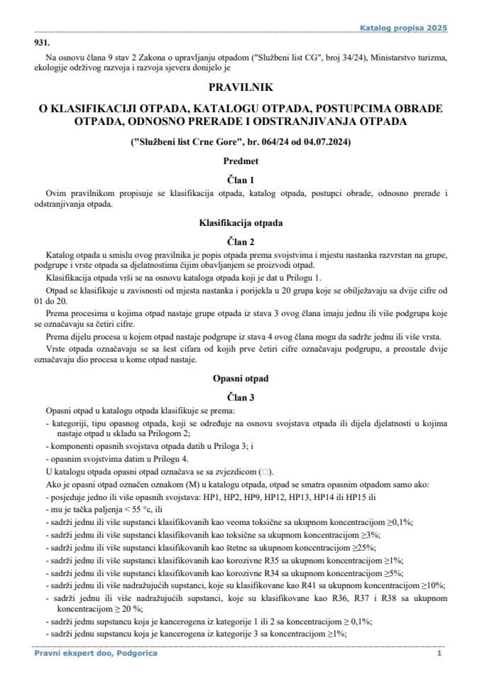 Pravilnik o klasifikaciji otpada katalogu otpada postupcima obrade otpada odnosno prerade i odstranjivanja otpada