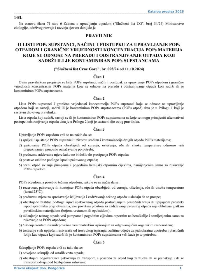 Pravilnik o listi POPs supstanci načinu i postupku za Upravljanje POPs otpadom
