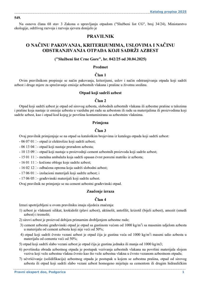 Pravilnik o načinu pakovanja kriterijumima uslovima i načinu odstranjivanja otpada koji sadrži azbest