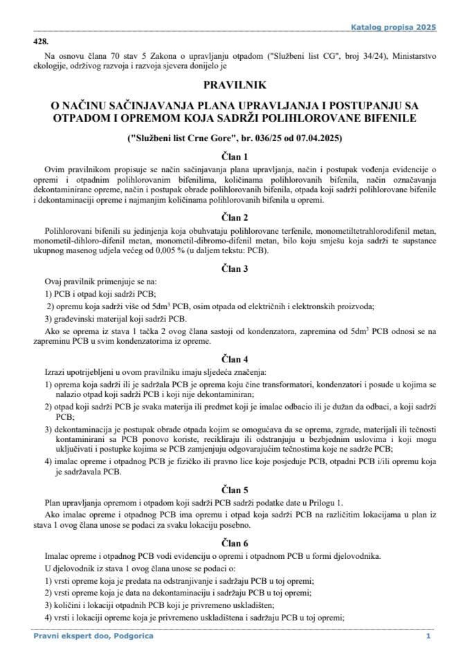 Pravilnik o načinu sačinjavanja plana upravljanja i postupanju sa otpadom i opremom koja sadrži polihlorovane bifenile