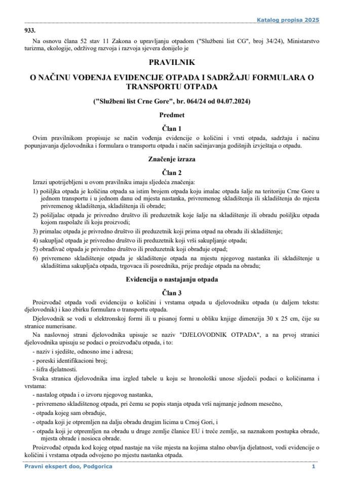 Pravilnik o načinu vođenja evidencije otpada i sadržaju formulara o transportu otpada