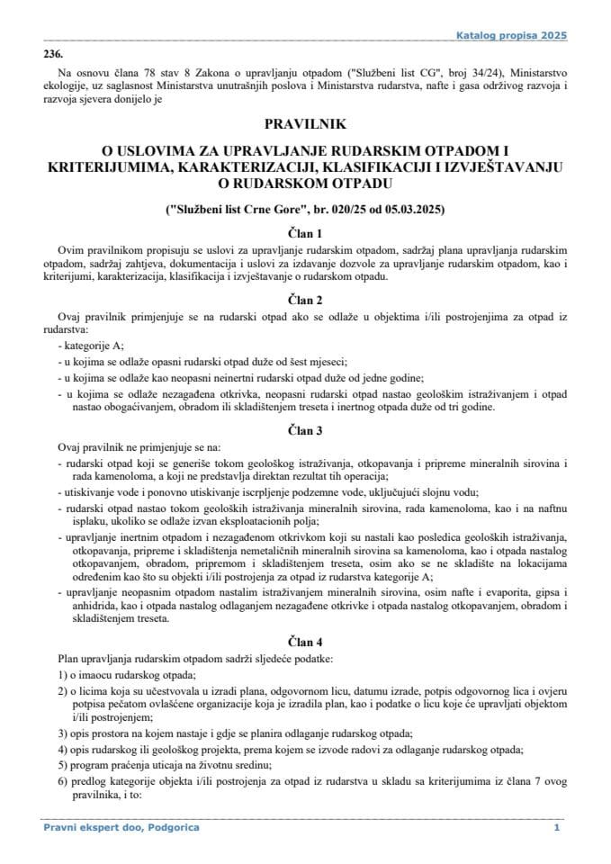 Pravilnik o uslovima za upravljanje rudarskim otpadom i kriterijumima karakterizaciji klasifikaciji i izvještavanju o rudarskom otpadu