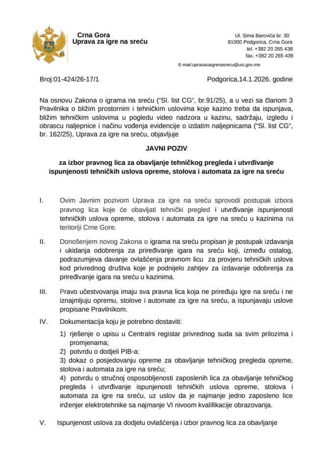 JAVNI POZIV ZA KAZINO