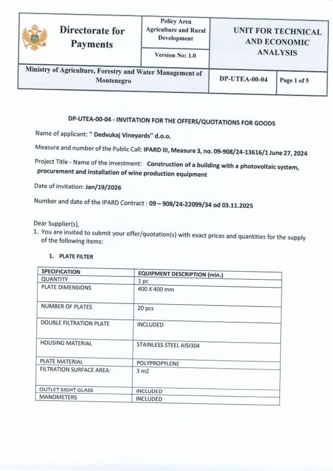 Call for bids - FILTERS - Dedvukaj Vineyards doo