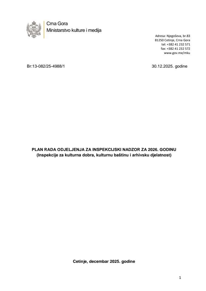 Plan rada inspekcija za kulturna dobra kulturnu bastinu i arhivsku djelatnost za 2026.