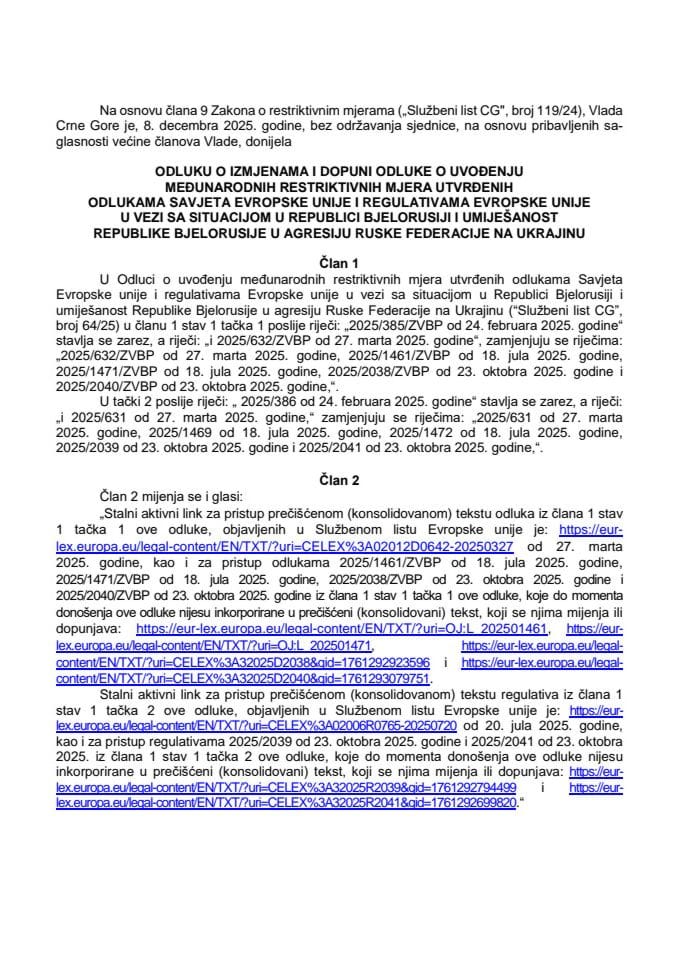 Odluka o izmjenama i dopuni odluke o restriktivnim mjerama EU - u vezi sa situacijom u Republici Bjelorusiji i umiješanost Rb u agresiju RF  na Ukrajinu -prevod odluke i regulative