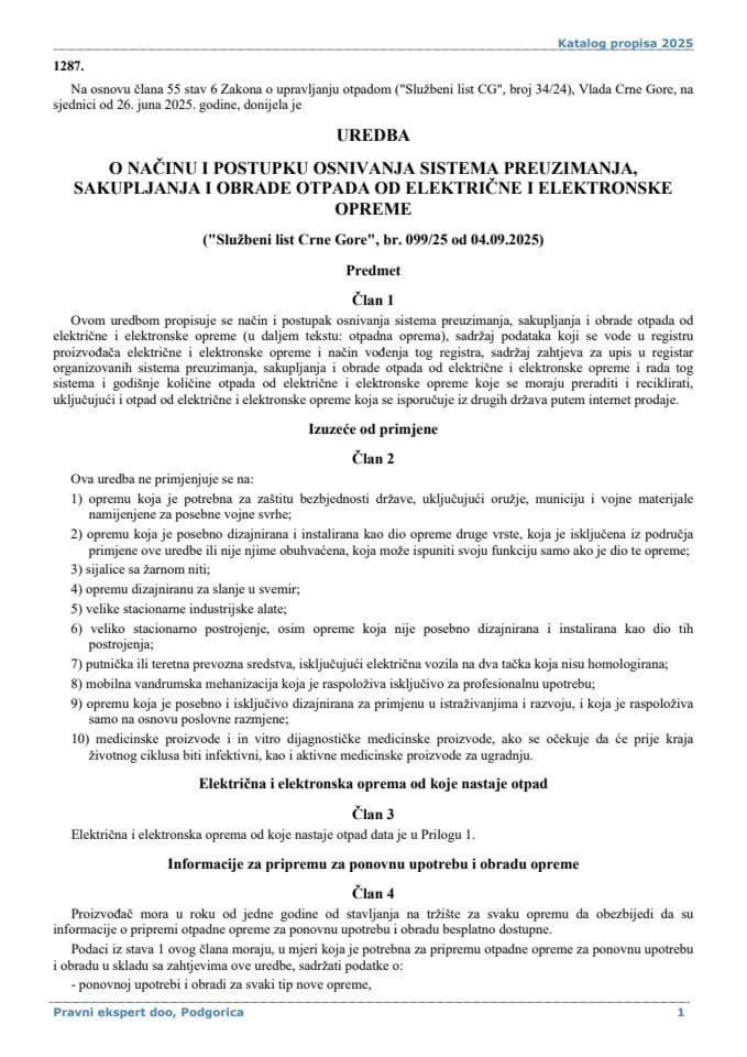 Uredba o načinu i postupku osnivanja sistema preuzimanja sakupljanja i obrade otpada od električne i elektronske opreme