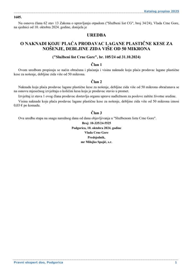 Uredba o naknadi koju plaća prodavac lagane plastične kese za nošenje debljine zida više od 50 mikrona