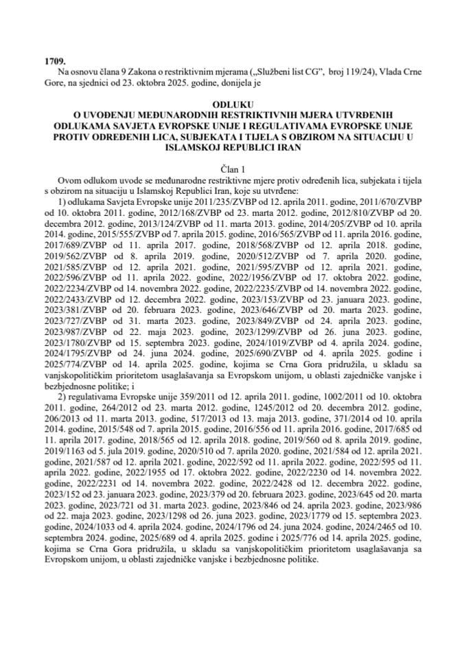 Odluka o uvođenju restriktivnih mjera EU – s obzirom na situaciju u Islamskoj Republici Iran – prevod odluke i regulative