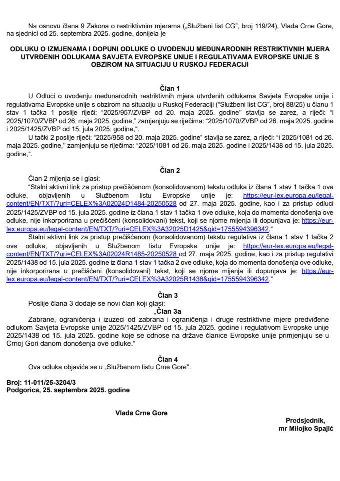 Odluka o uvođenju restriktivnih mjera EU – s obzirom na situaciju u RF – prevod odluke i regulative