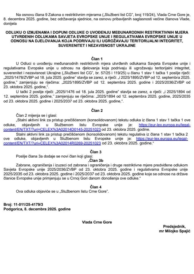 Odluka o uvođenju restriktivnih mjera EU - u odnosu na djelovanja koja podrivaju illi ugrožavaju teritorijalni integritet, suverenitet i nezavisnost Ukrajine – prevod odluke i regulative