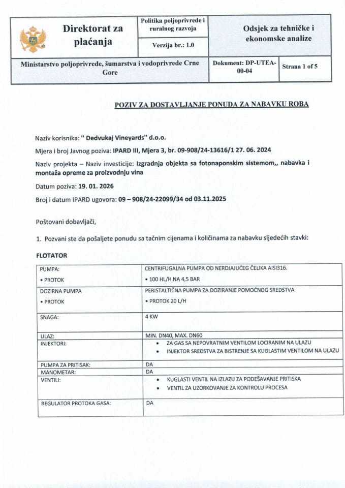 Poziv za ponude - Flotator - Dedvukaj Vineyareds doo